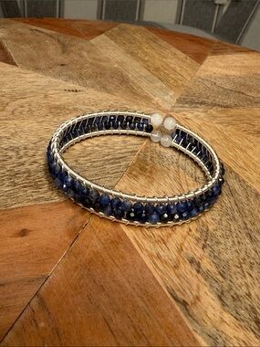 Handcrafted Silver Wire Bracelet with Deep Blue Beads
